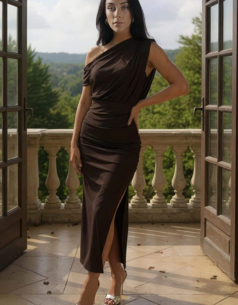 Chocolate Off The Shoulder Draped Top Midi Dress
