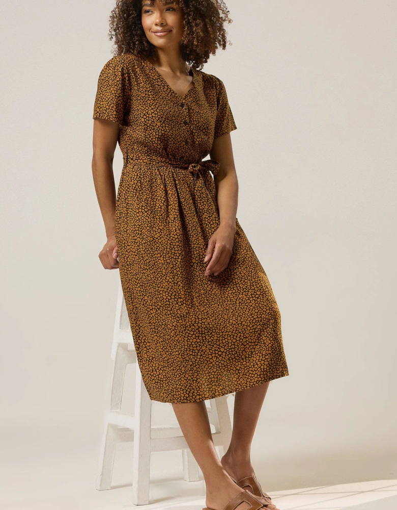 Printed Tie Belt Midi Dress