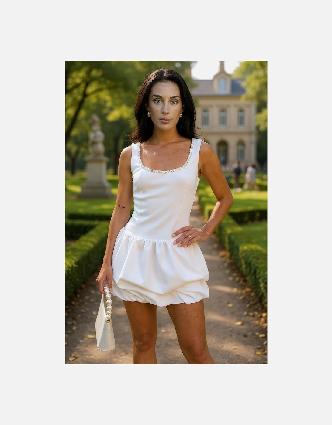 Cream Pearl Neckline Puff Ball Mini Dress, 2 of 1
