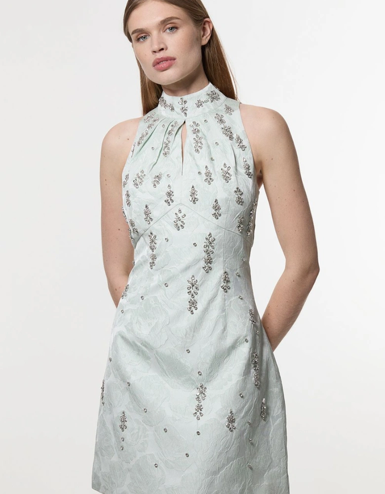 Texture Jacquard Crystal Embellished High Neck Woven Mini Dress
