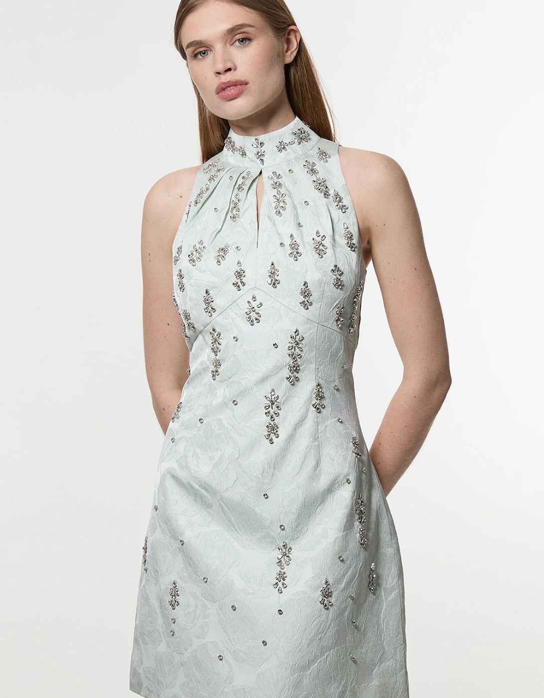 Texture Jacquard Crystal Embellished High Neck Woven Mini Dress, 2 of 1