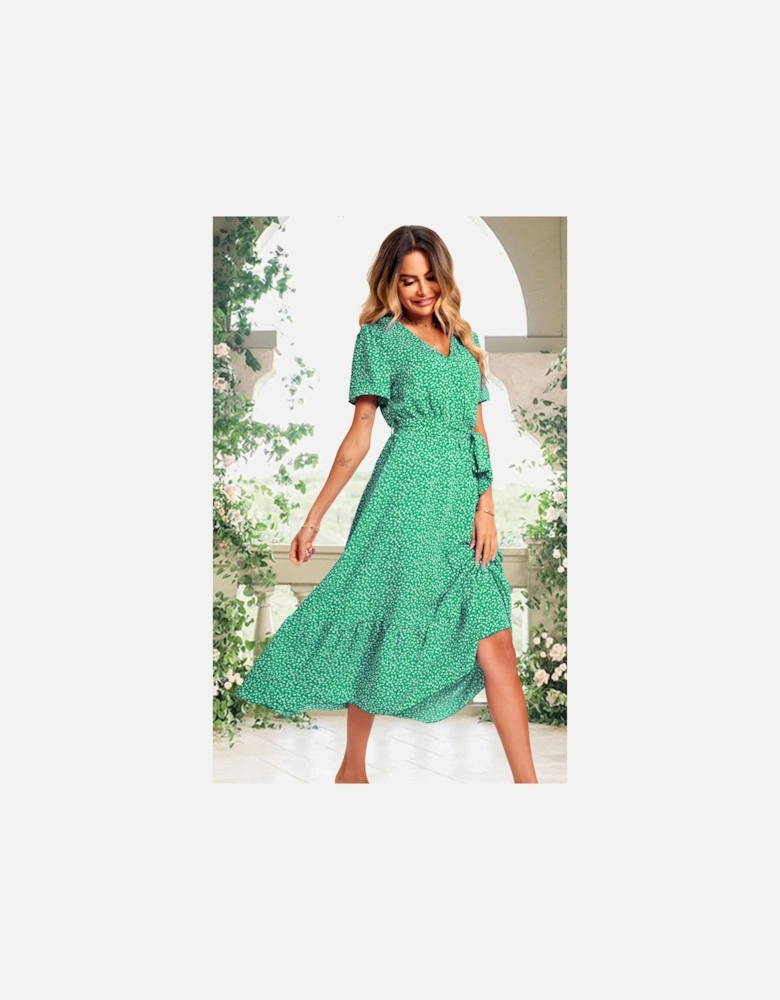 White Little Flower Print Short Sleeve Wrap Style Midi Dress In Green