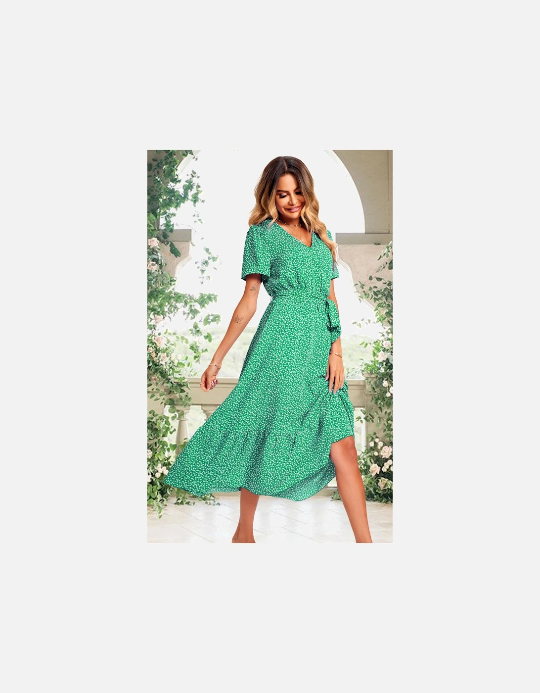 White Little Flower Print Short Sleeve Wrap Style Midi Dress In Green, 2 of 1