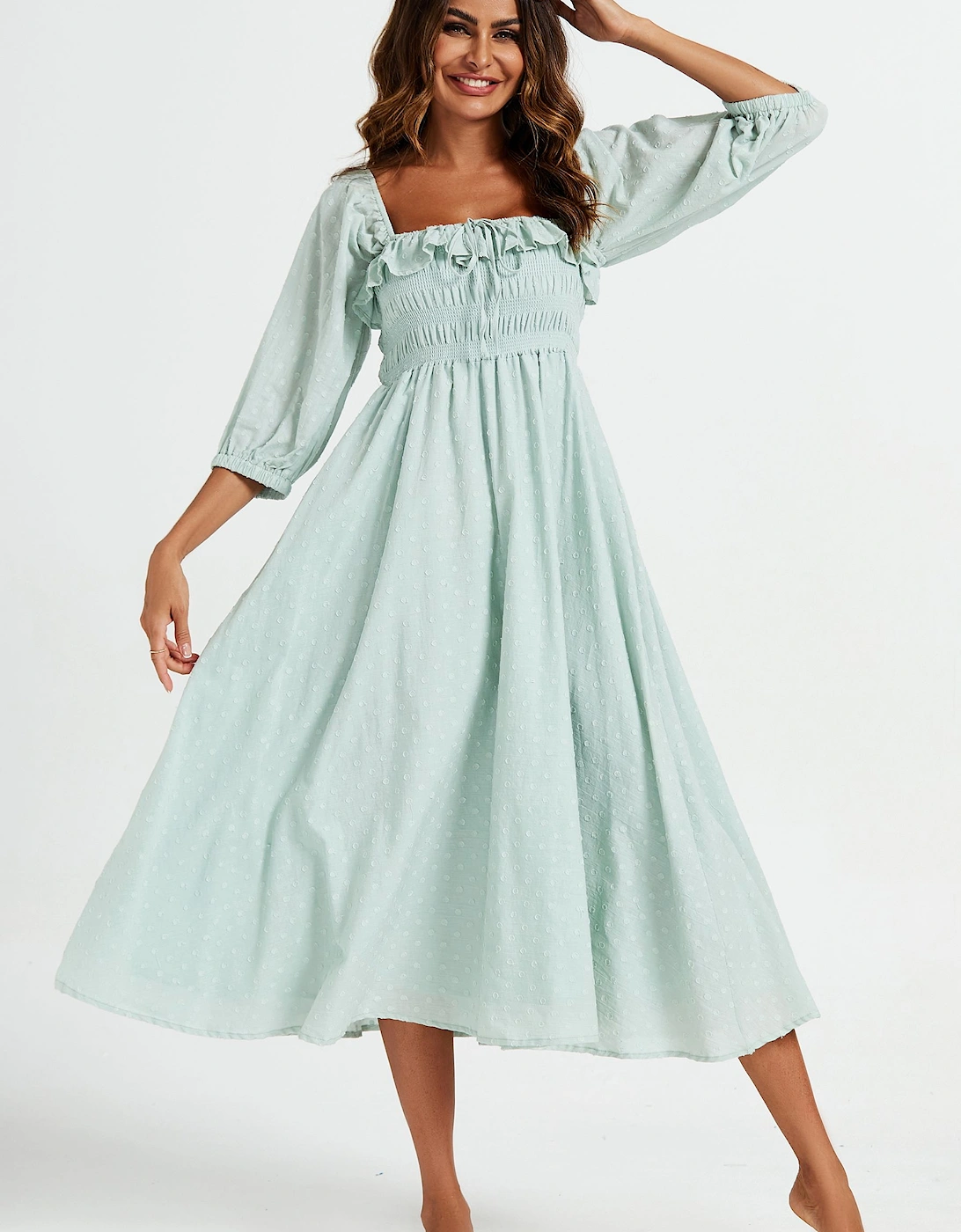 Frill Detail Square Neckline Midi Dress In Light Green, 2 of 1