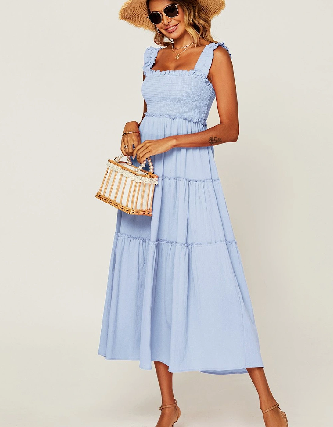 Hem Detail Tiered Maxi Dress In Light Blue, 2 of 1