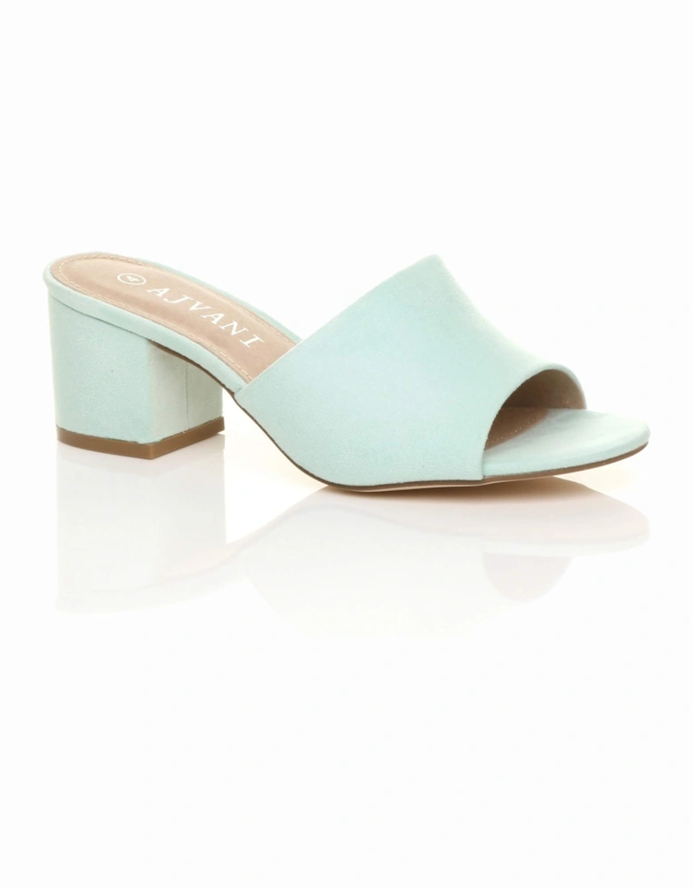 Mid Block Heel Peep Toe Mules Faux Suede Heeled Sandals