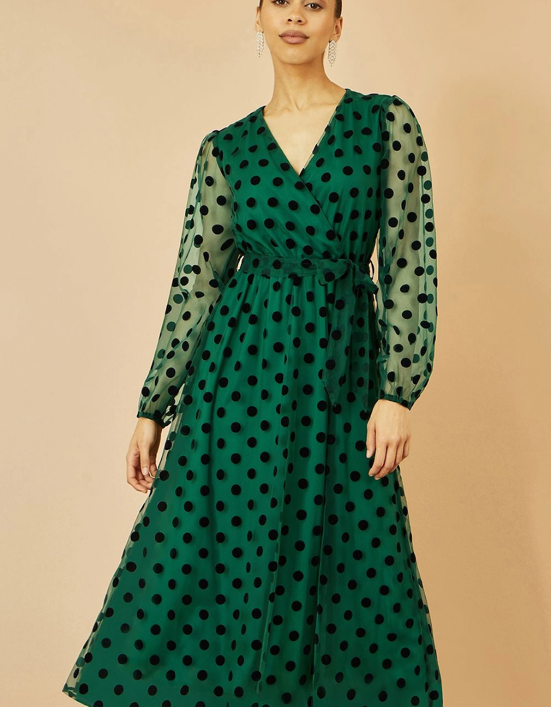 Green Spot Mesh Wrap Midi Skater Dress, 2 of 1