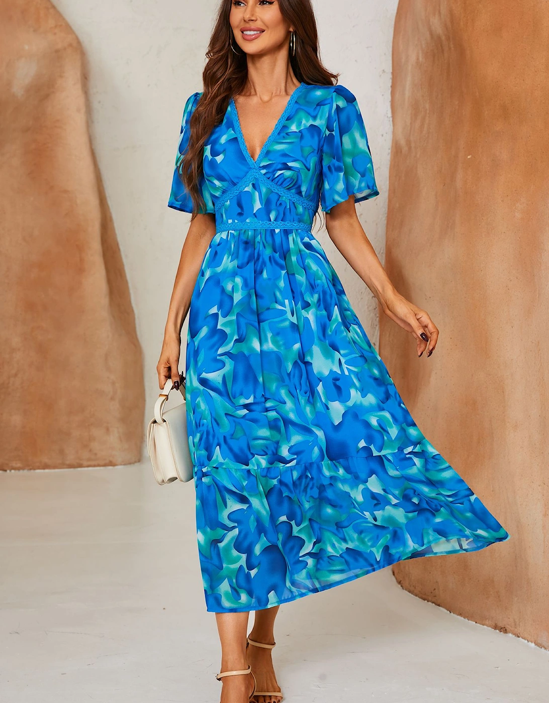 Abstract Floral Print Lace Detail Angel Sleeve Maxi Dress, 2 of 1