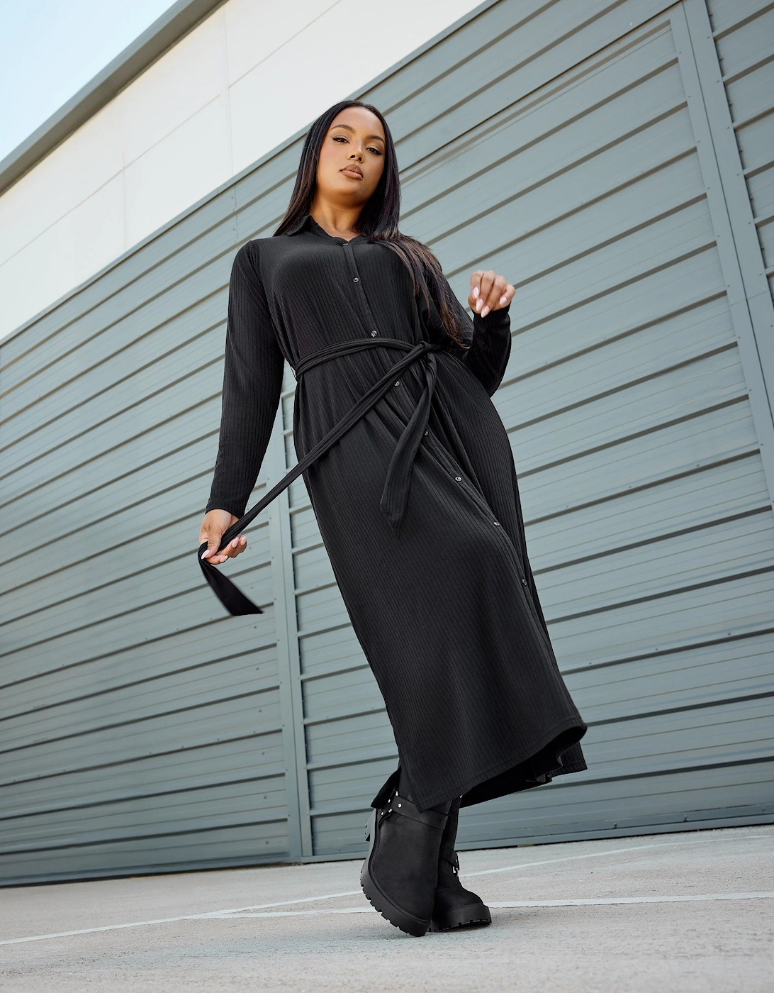 Button Front Ribbed Tie Waist Midi Dress, 2 of 1