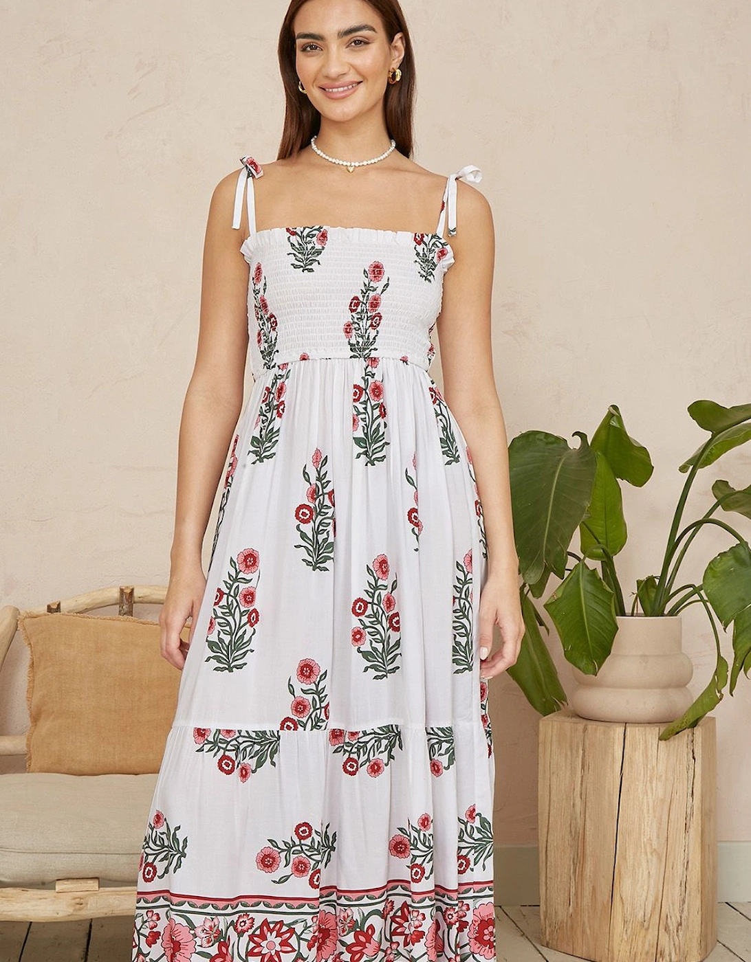 White Floral  Printed Smocked Midi Dress, 2 of 1