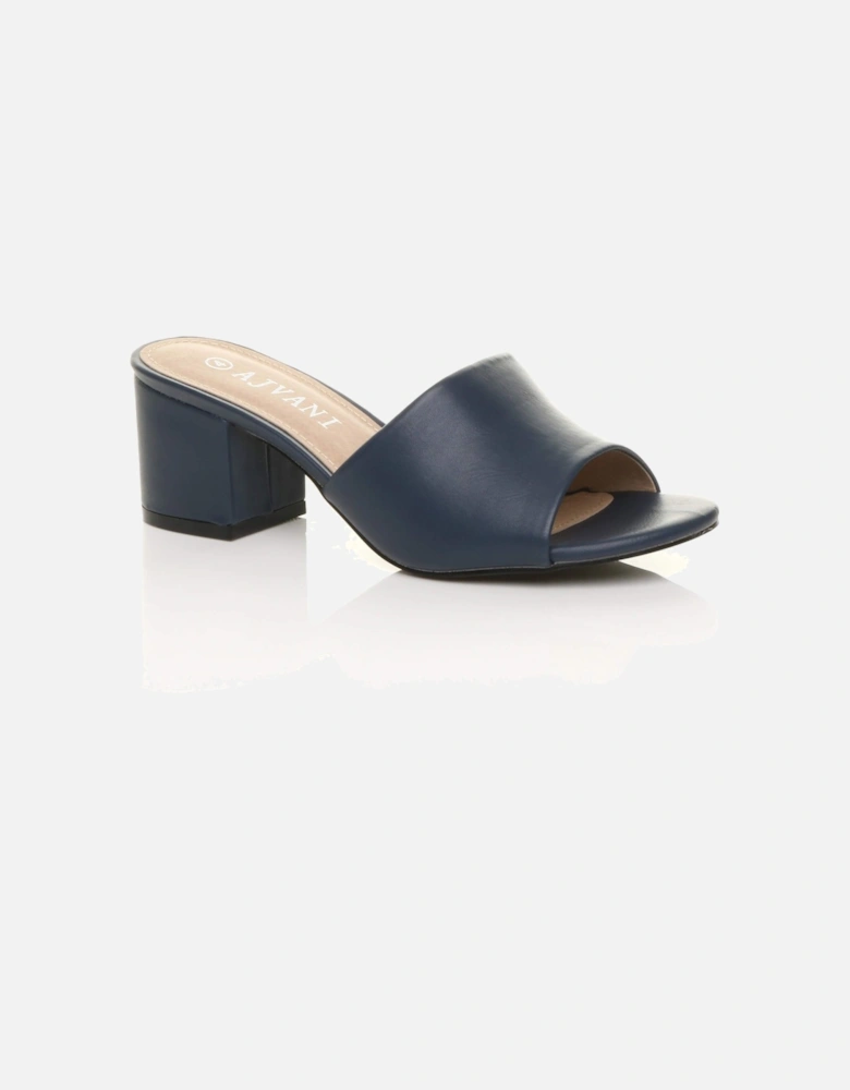 Mid Block Heel Peep Toe Mules Faux Leather Heeled Sandals