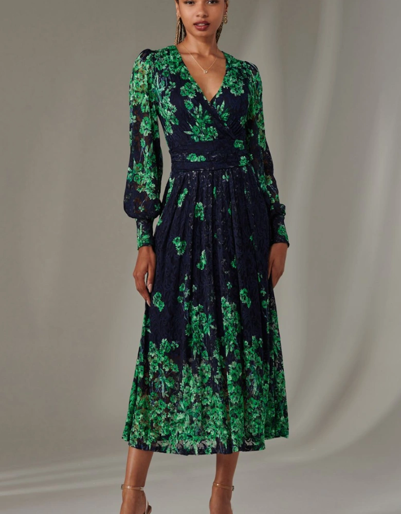 Dalia Symmetrical Print Lace Maxi Dress
