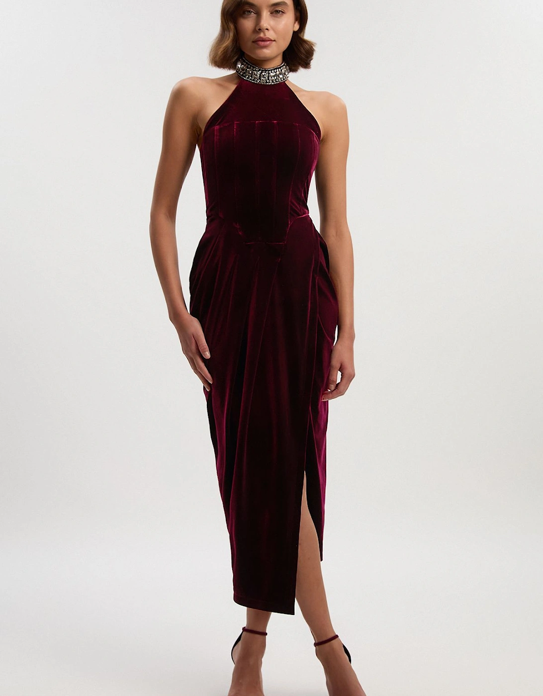 Tailored Velvet Halter Embellished Neck Midi Dress, 2 of 1