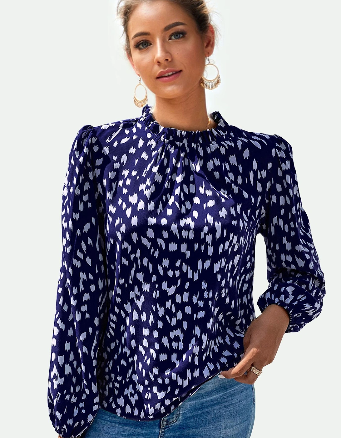 Animal Print Frill Detail High Neck Top In Navy, 2 of 1