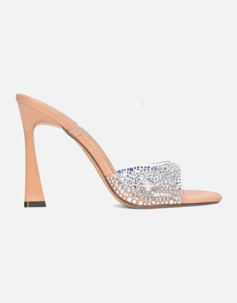 'Lois' Square Open Toe Rhinestone Perspex High Heeled Mules