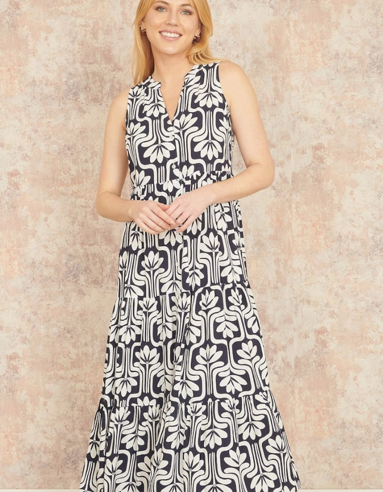 Navy Retro Print Relaxed Midi Dress
