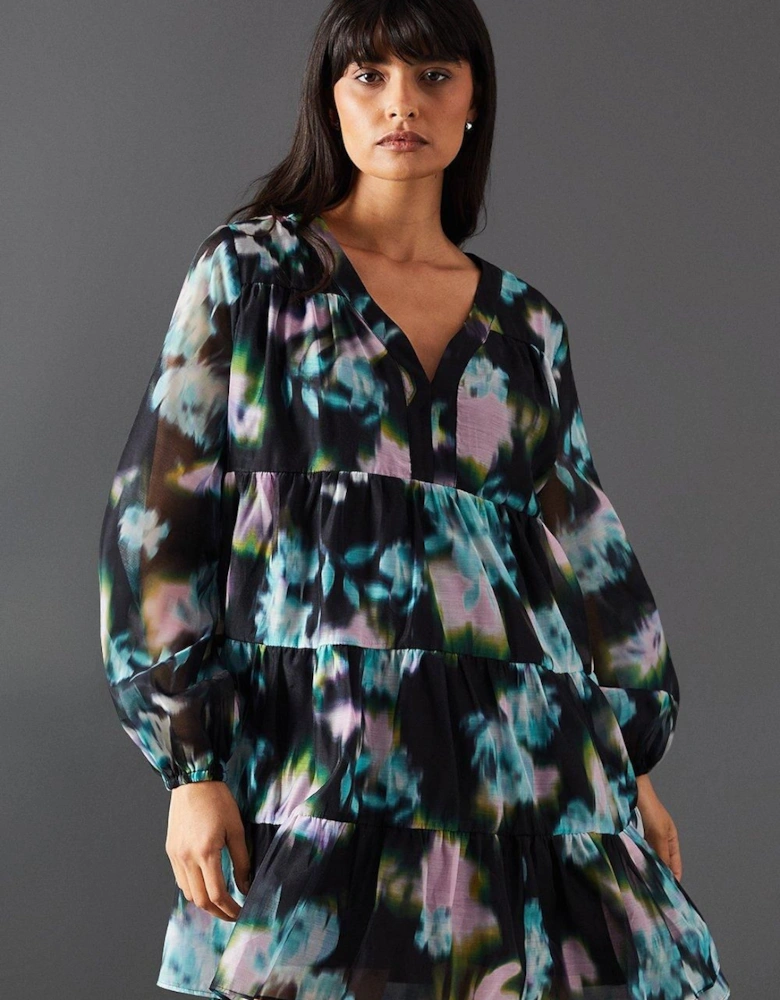 Floral Print Organza Smock Dress