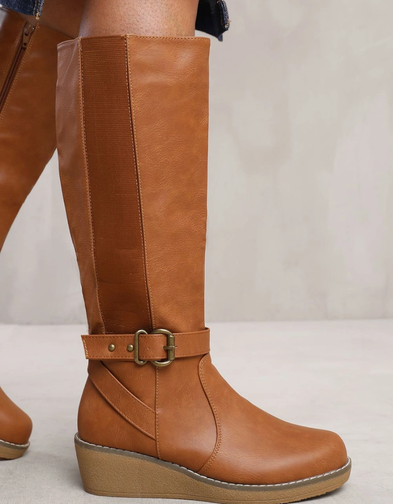 'Jacinta' Wedge Heel Knee High Boots With Elastic Panel