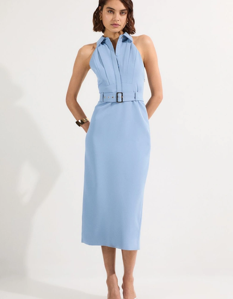 Twill Contrast Collar Woven Halter Neck Midi Dress
