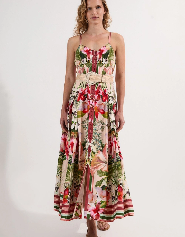 Petite Mirrored Viscose Linen Floral Print Woven Maxi Dress