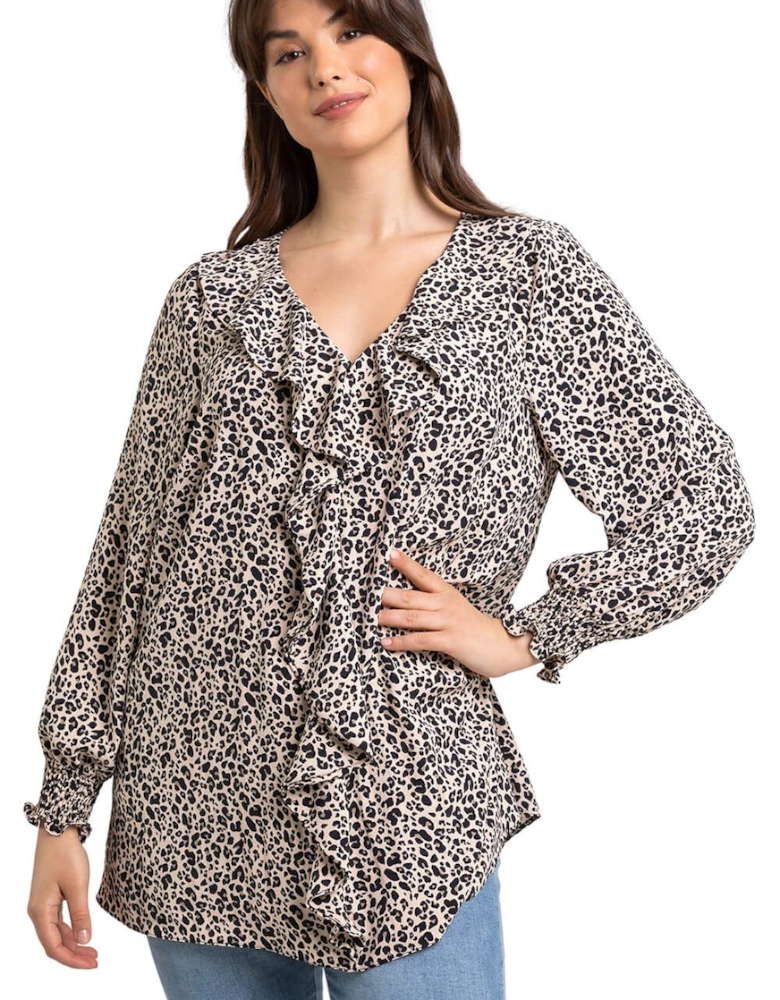 Curve Animal Print Frill Detail Top