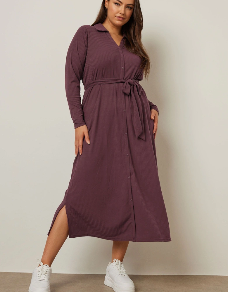Button Front Ribbed Tie Waist Midi Dress