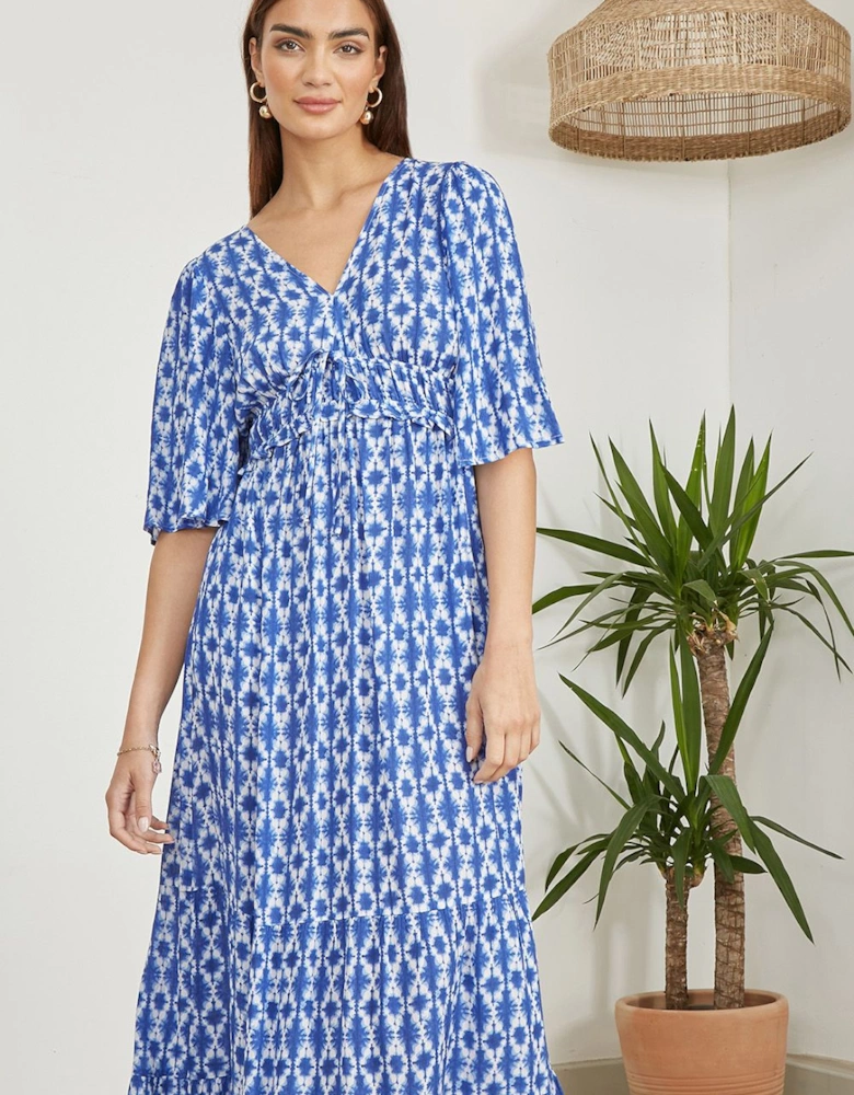 Blue Aztec Print Maxi Dress With Cross Over Back