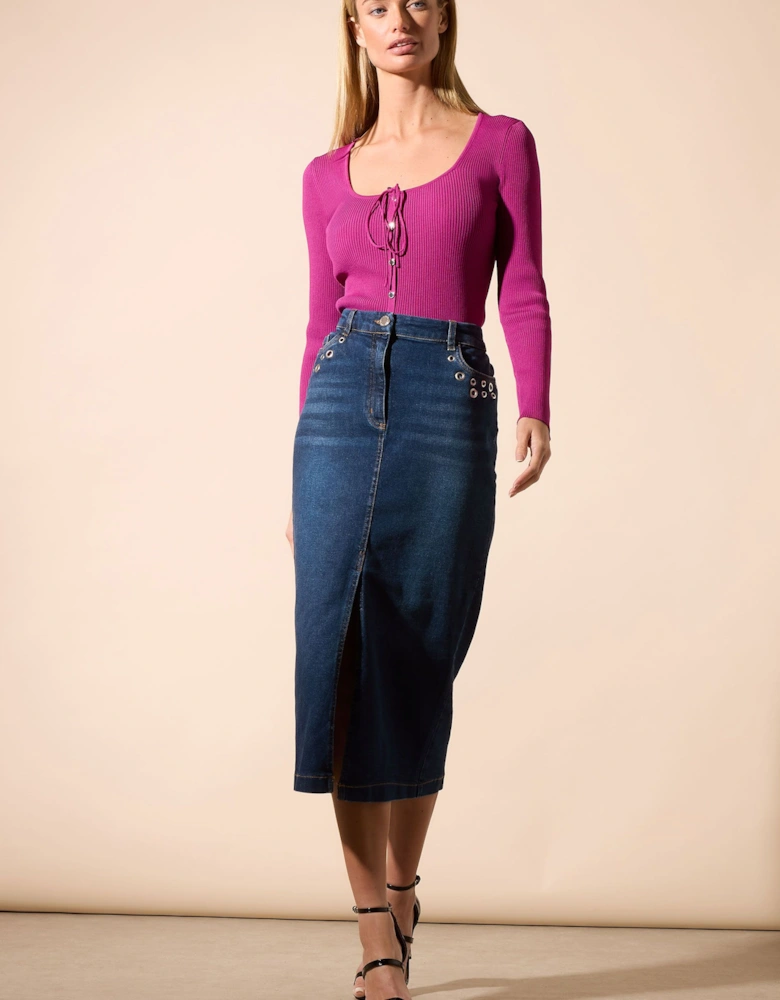 Eyelet Midi Denim Skirt