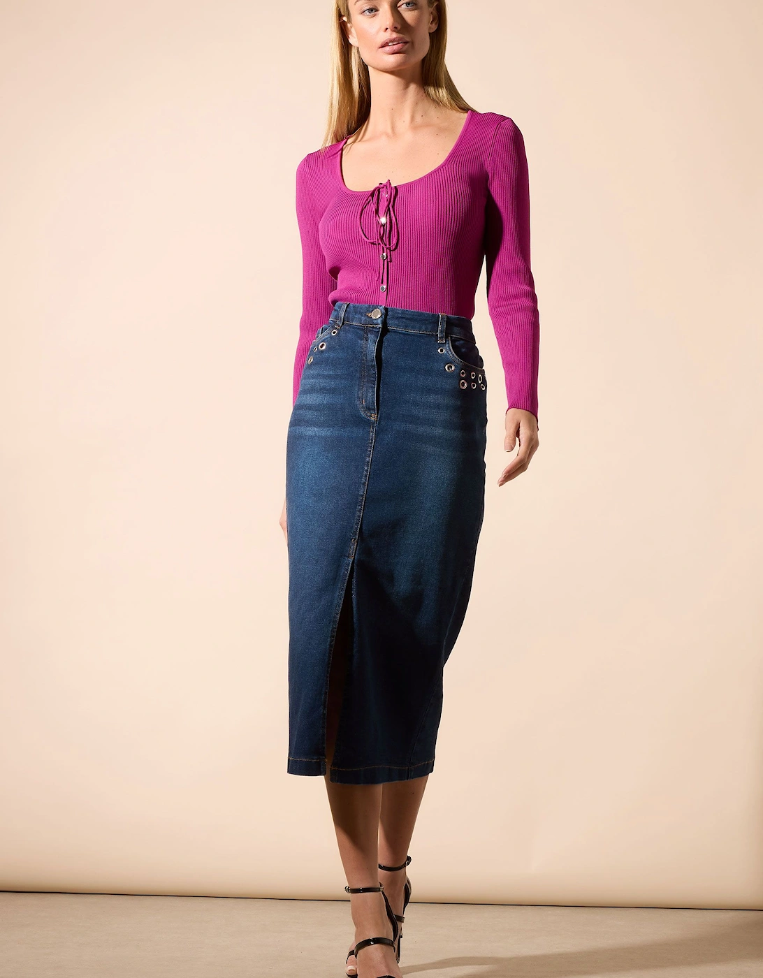 Eyelet Midi Denim Skirt, 2 of 1