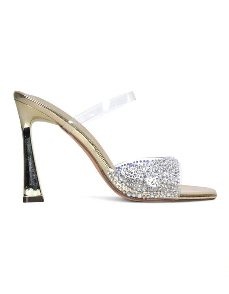 'Lois' Square Open Toe Rhinestone Perspex High Heeled Mules