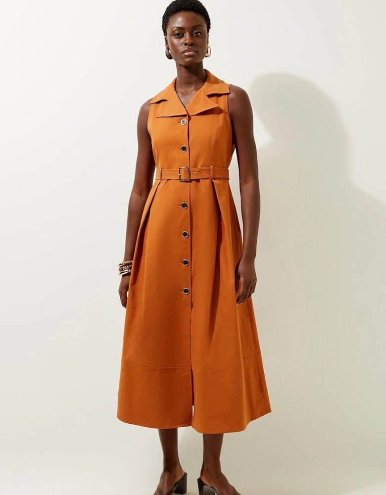 Tailored Cotton Halter Neck Belted Full Skirted Shirt Dress