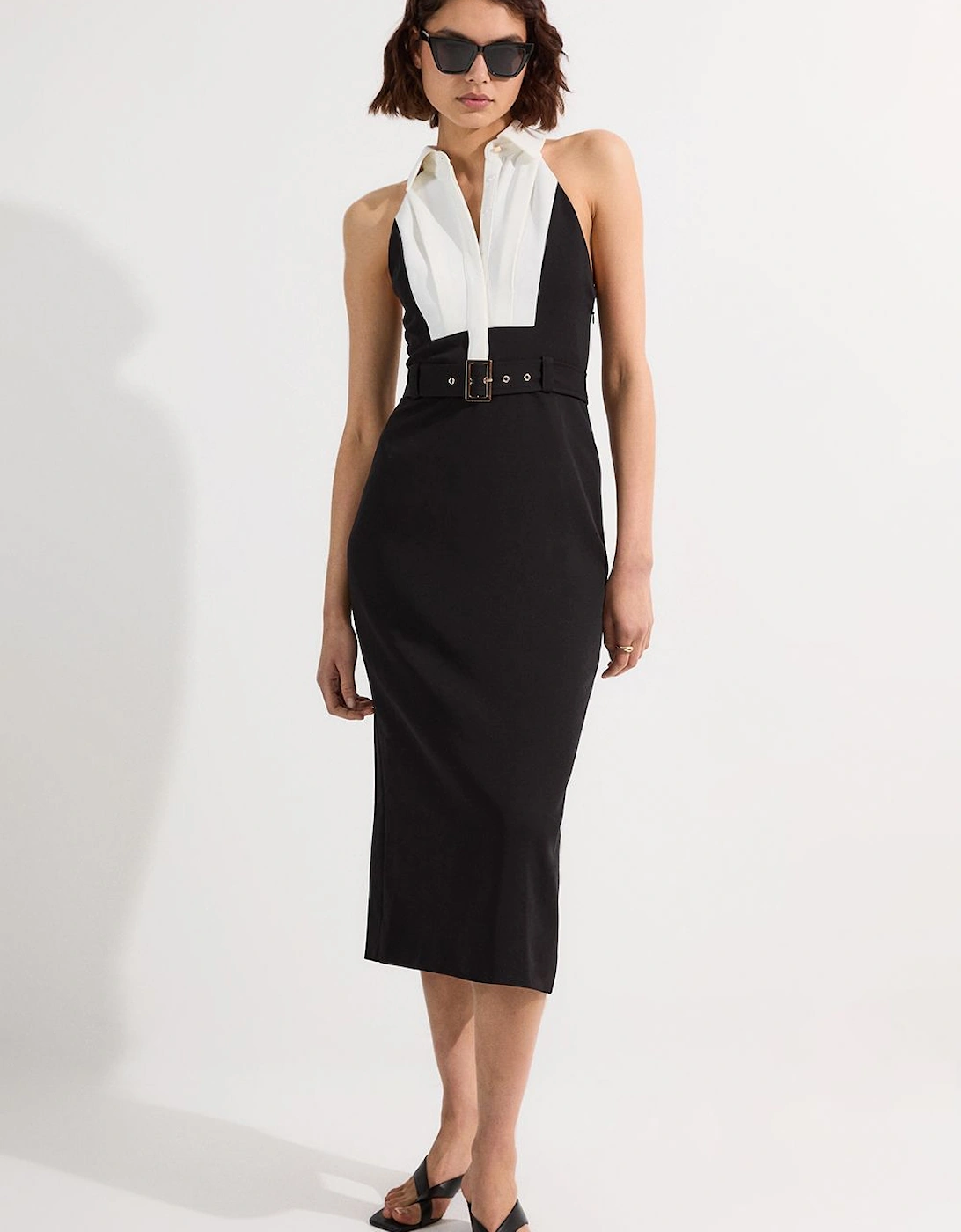 Twill Contrast Collar Woven Halter Neck Midi Dress, 2 of 1