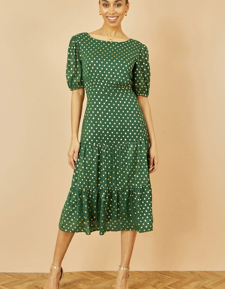 Green Gold Foil Spot Midi Dress With Scoop Back