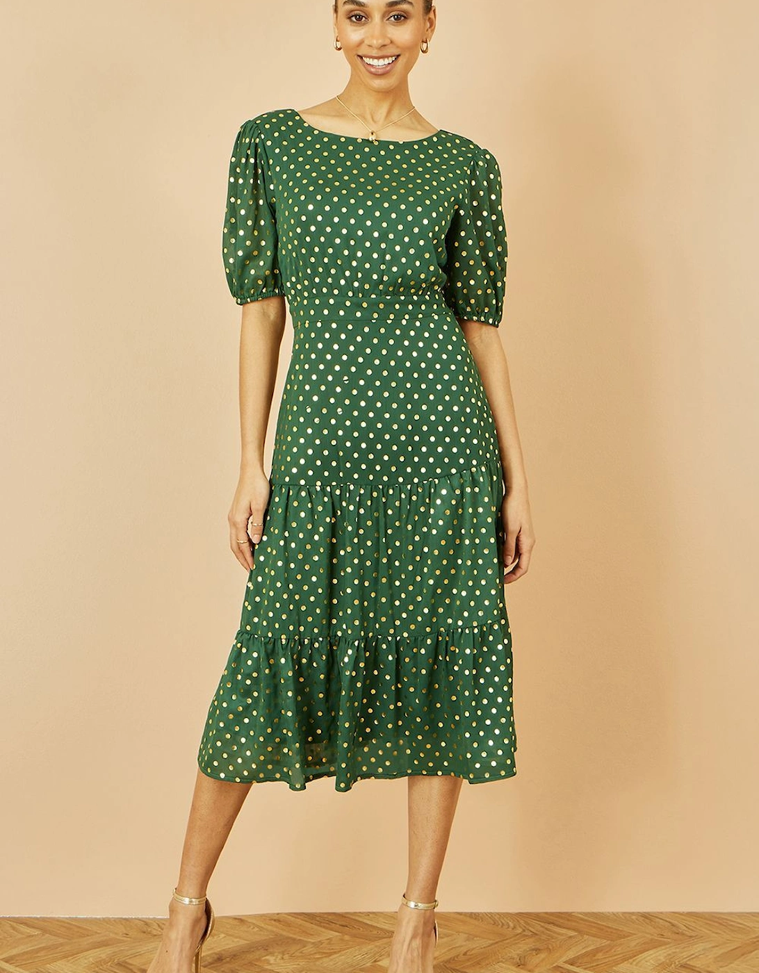 Green Gold Foil Spot Midi Dress With Scoop Back, 2 of 1