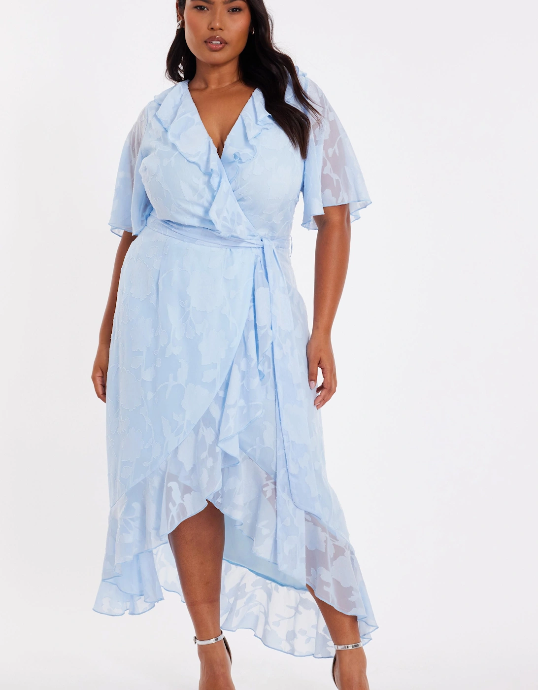 Light Blue Curve Jacquard Frill Midaxi Dress, 2 of 1
