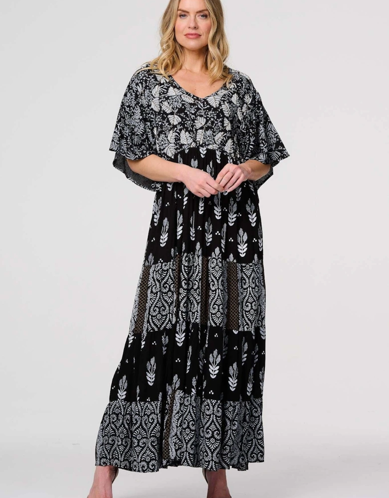 Leaf Print 3/4 Kimono Sleeve Maxi Dress
