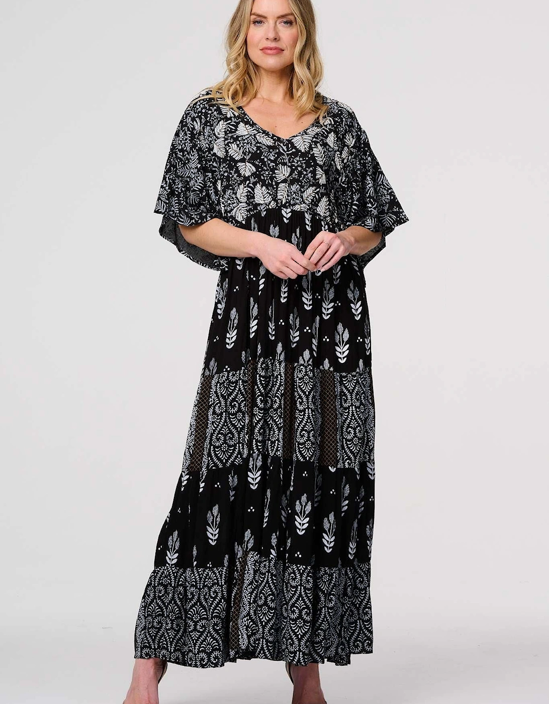 Leaf Print 3/4 Kimono Sleeve Maxi Dress, 2 of 1