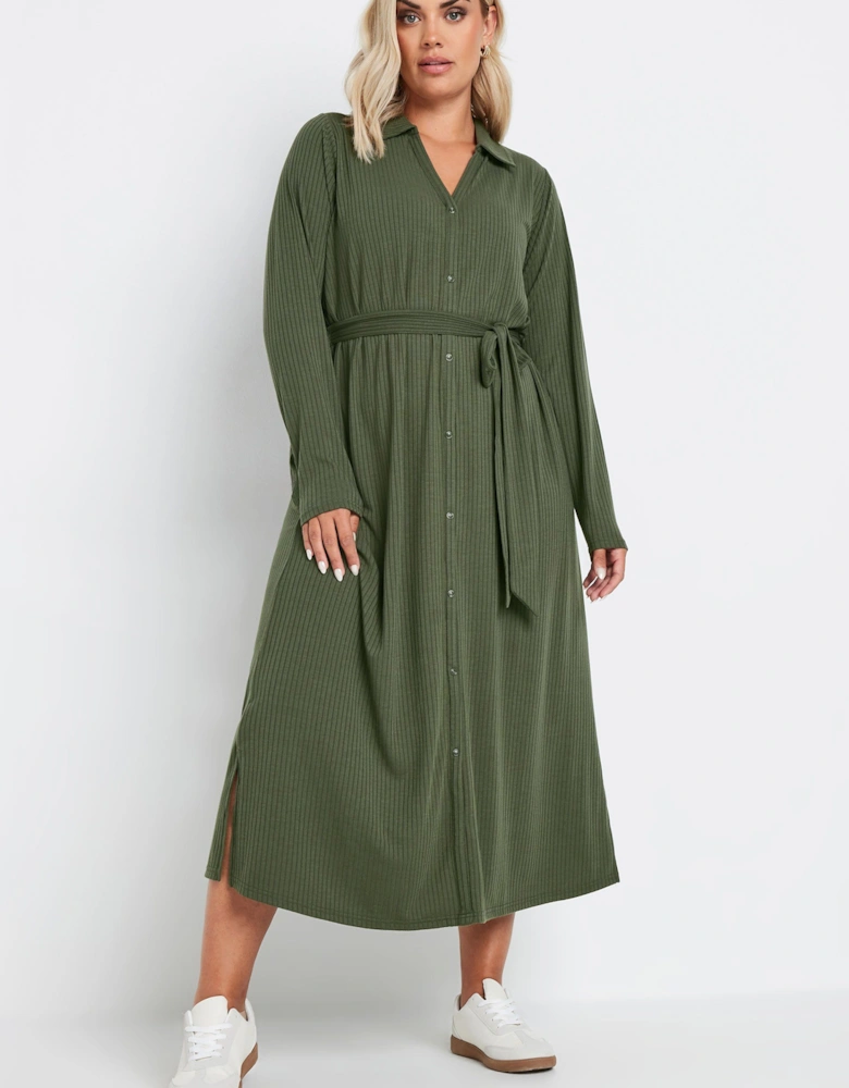 Button Front Ribbed Tie Waist Midi Dress