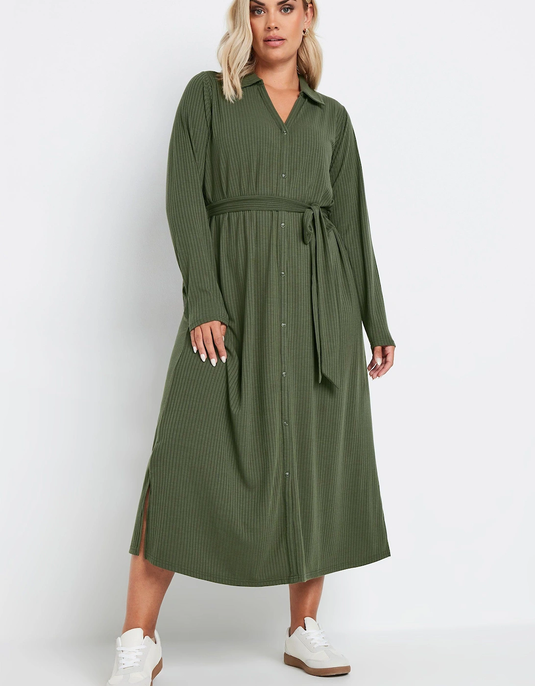 Button Front Ribbed Tie Waist Midi Dress, 2 of 1