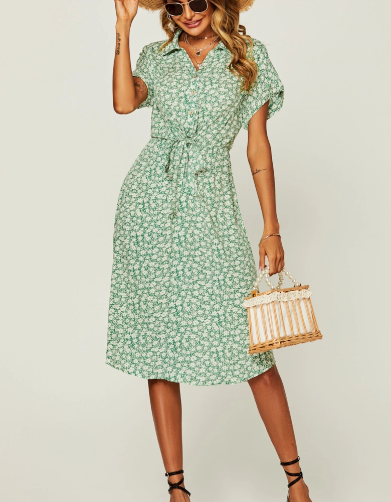 Relaxed Floral Print Button Down Midi Shirt Dress