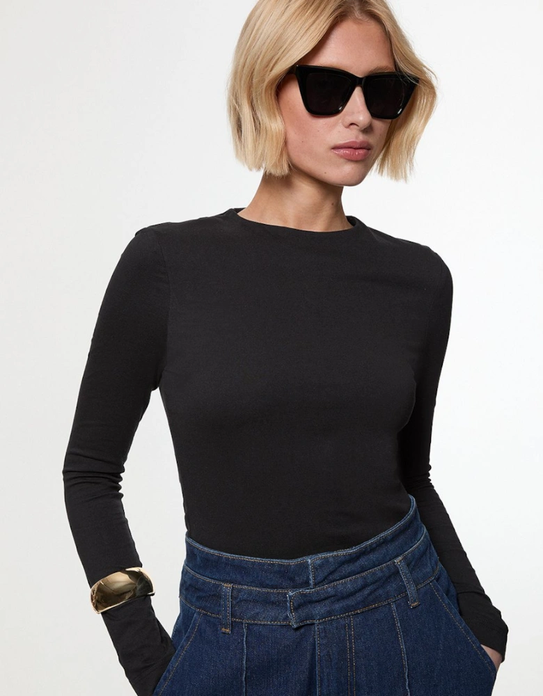 Stretch Cotton Crew Neck Long Sleeve Top