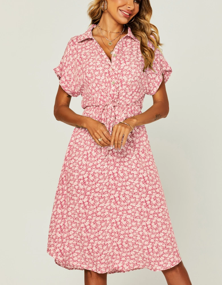 Relaxed Floral Print Button Down Midi Shirt Dress