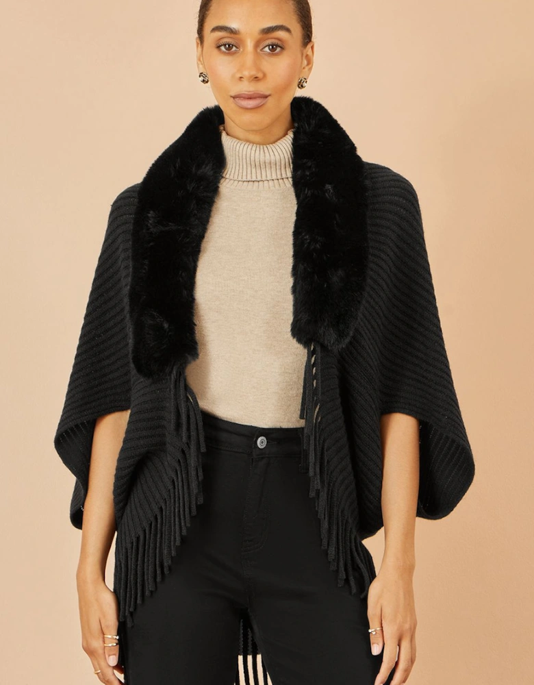 Black Fur Collar Shrug With Tassel Hem