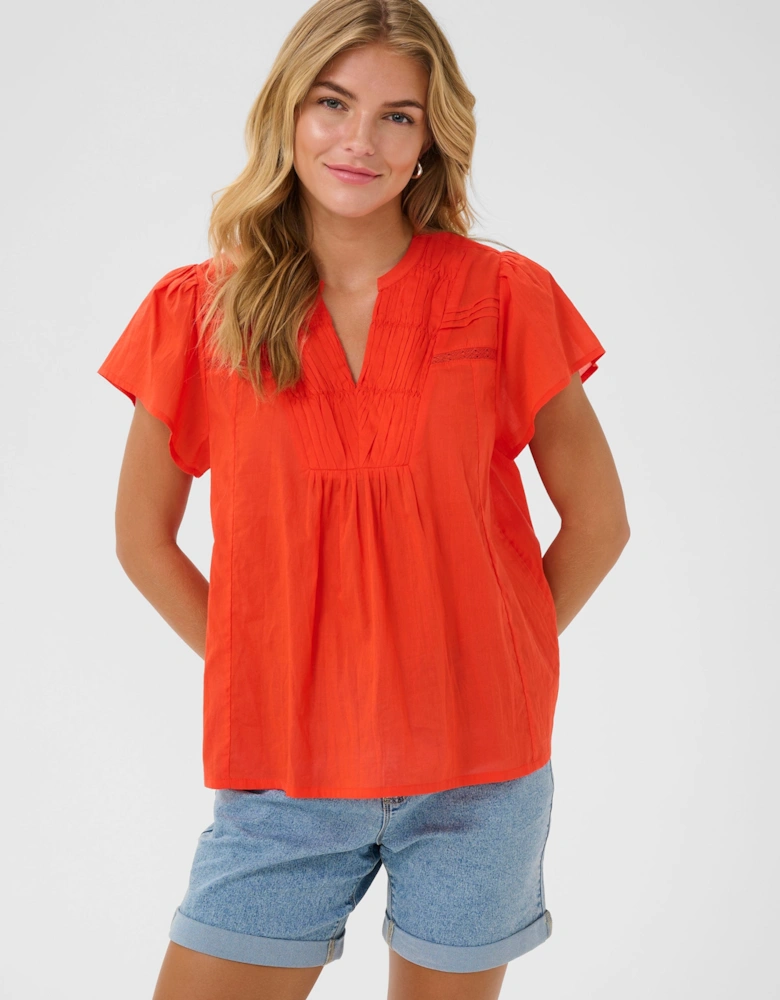 KAkarli Cap Sleeves V-notch Neck Blouse Plain