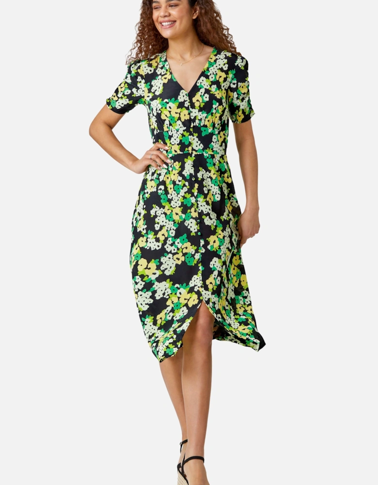Ditsy Floral Ruched Sleeve Midi Dress