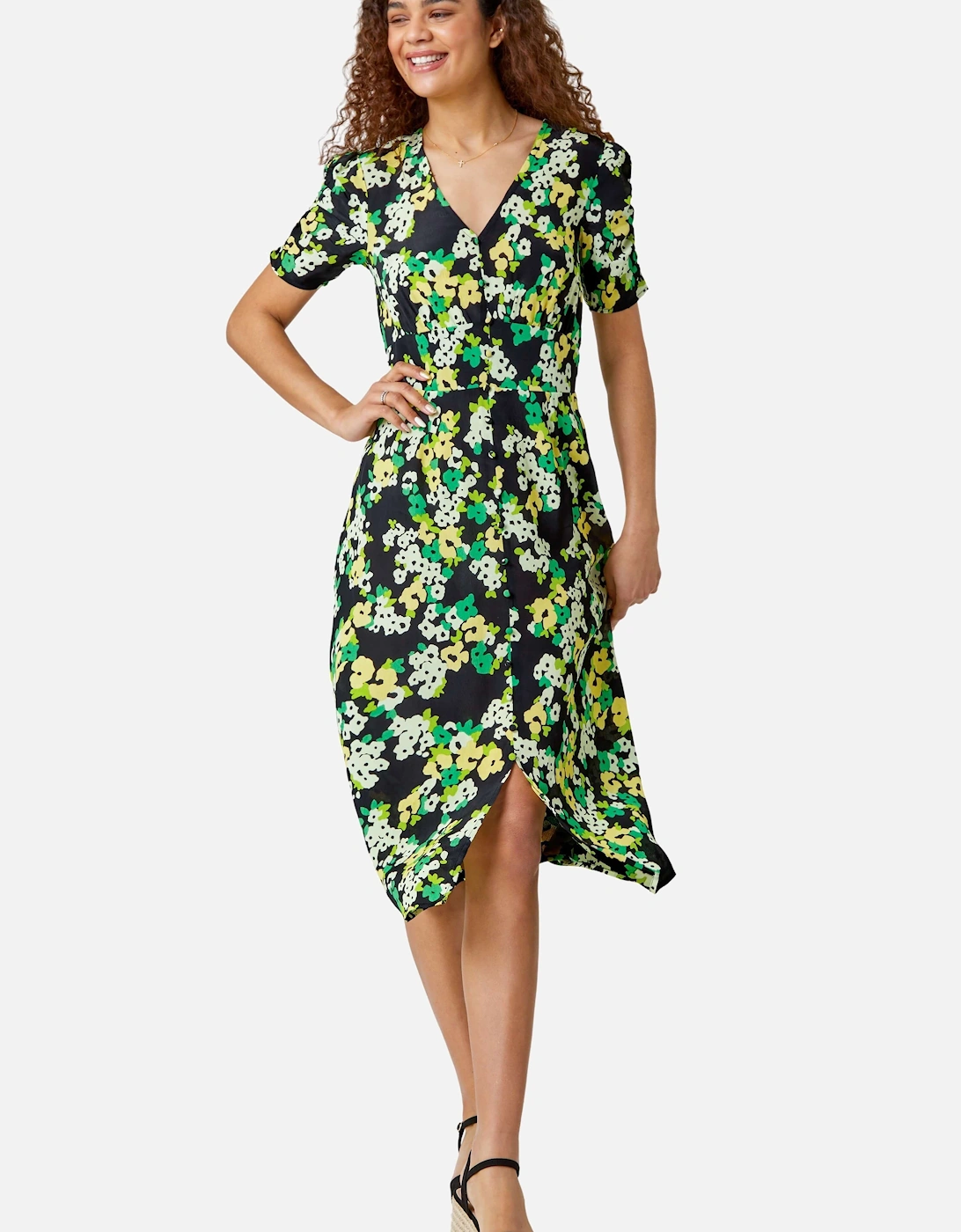 Ditsy Floral Ruched Sleeve Midi Dress, 2 of 1