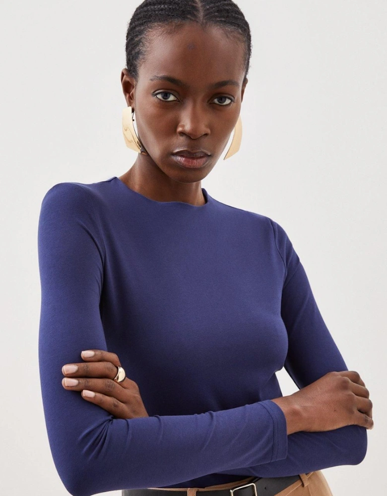 Stretch Cotton Crew Neck Long Sleeve Top