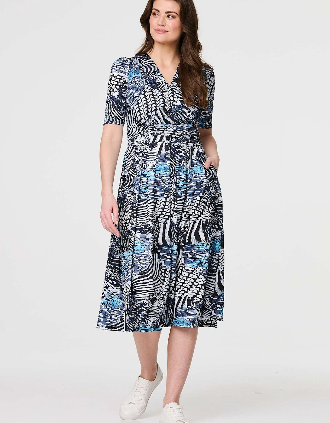 Abstract Ruched 1/2 Sleeve Midi Dress, 2 of 1