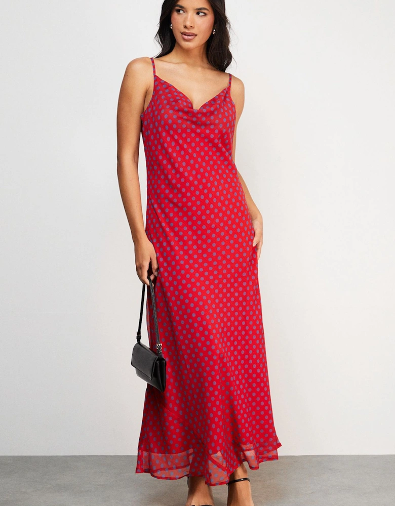 Chiffon Spot Print Cowl Bias Strappy Maxi Dress