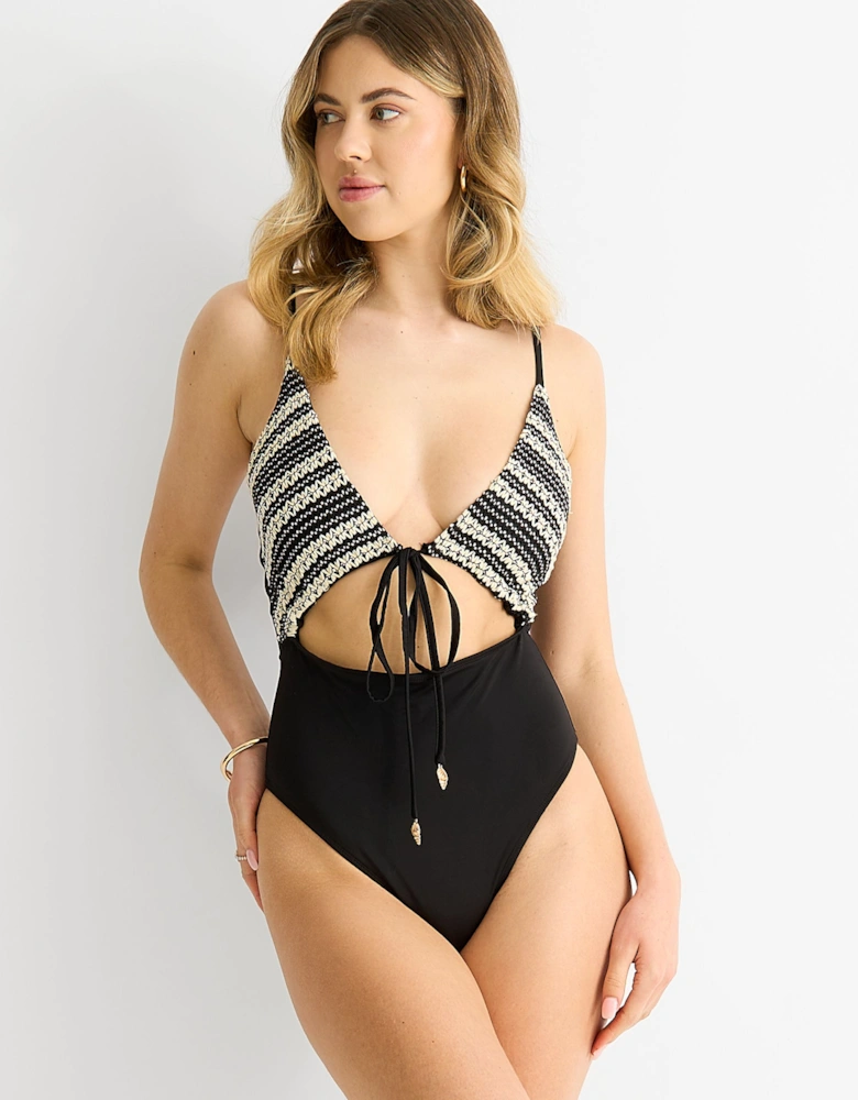 Black Crochet Textured Tie Front Cutout Swimsuit